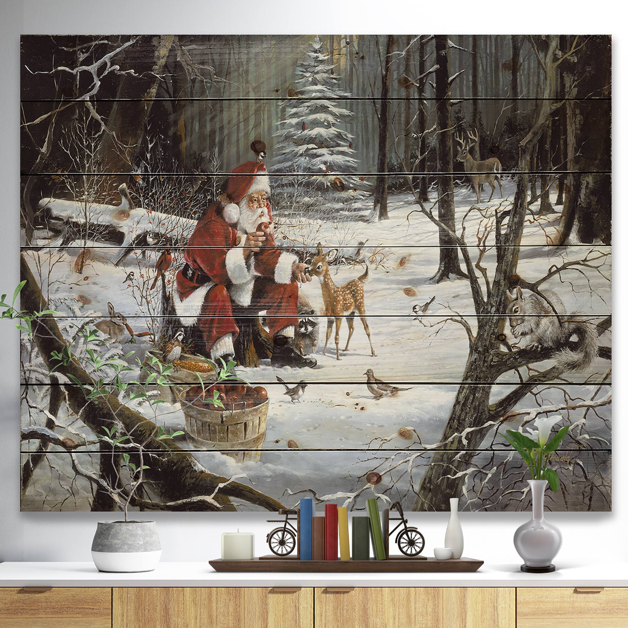 Designart - Santa Claus with deer in snowy woods